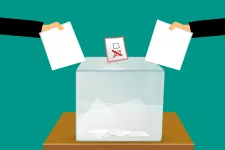 Two hands putting ballots into a box. Illustration. 