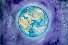 Earth against a purple background, painted in watercolour