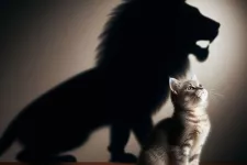 Front lighted cat with a shadow of a lion. Photograph.
