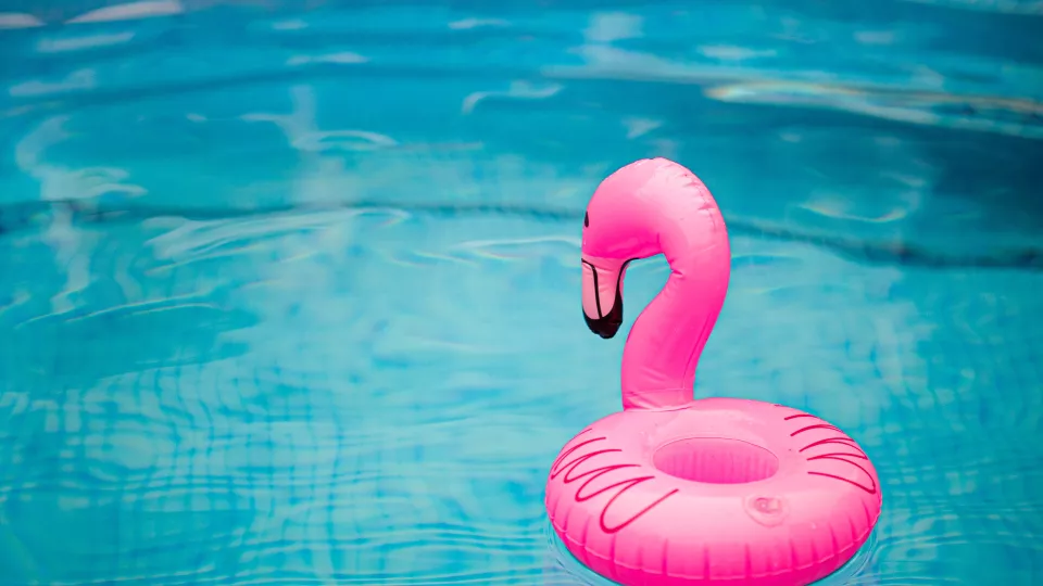 Uppblåsbar rosa flamingo i pool. Foto.