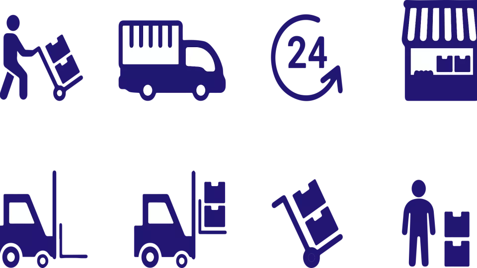 Ikoner med blåa figurer som illustrerar transport