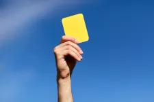En hand som håller upp ett gult kort mot en blå himmel. Foto.